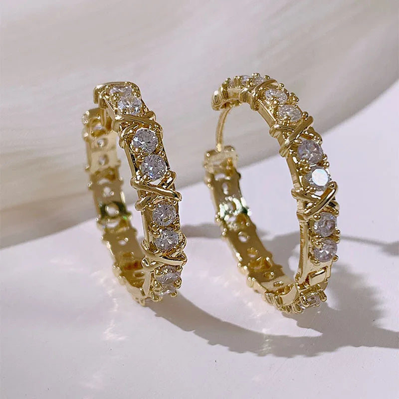 "2025 Korean Fashion Simple Zircon Metal Hoop Earrings"