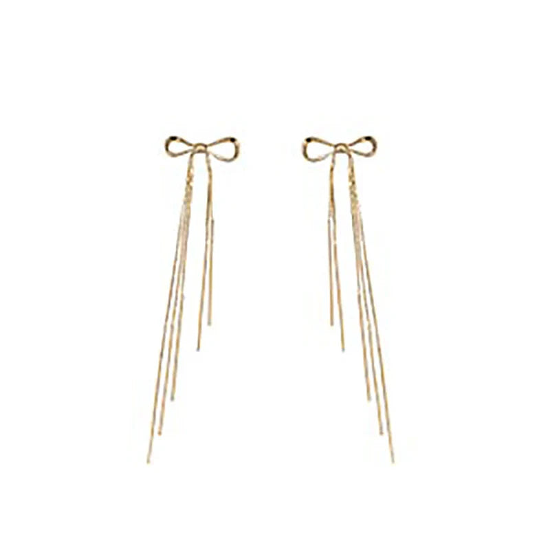 "2025 Classic Metal Bow Gold Tassel Drop Earrings"