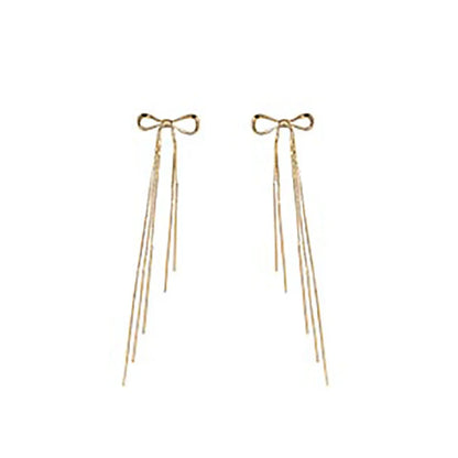 "2025 Classic Metal Bow Gold Tassel Drop Earrings"