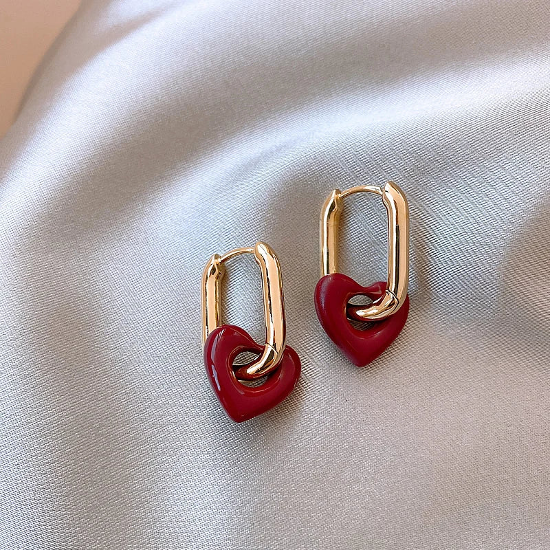 "French Retro Romantic Wine Red Heart Pendant Earrings"