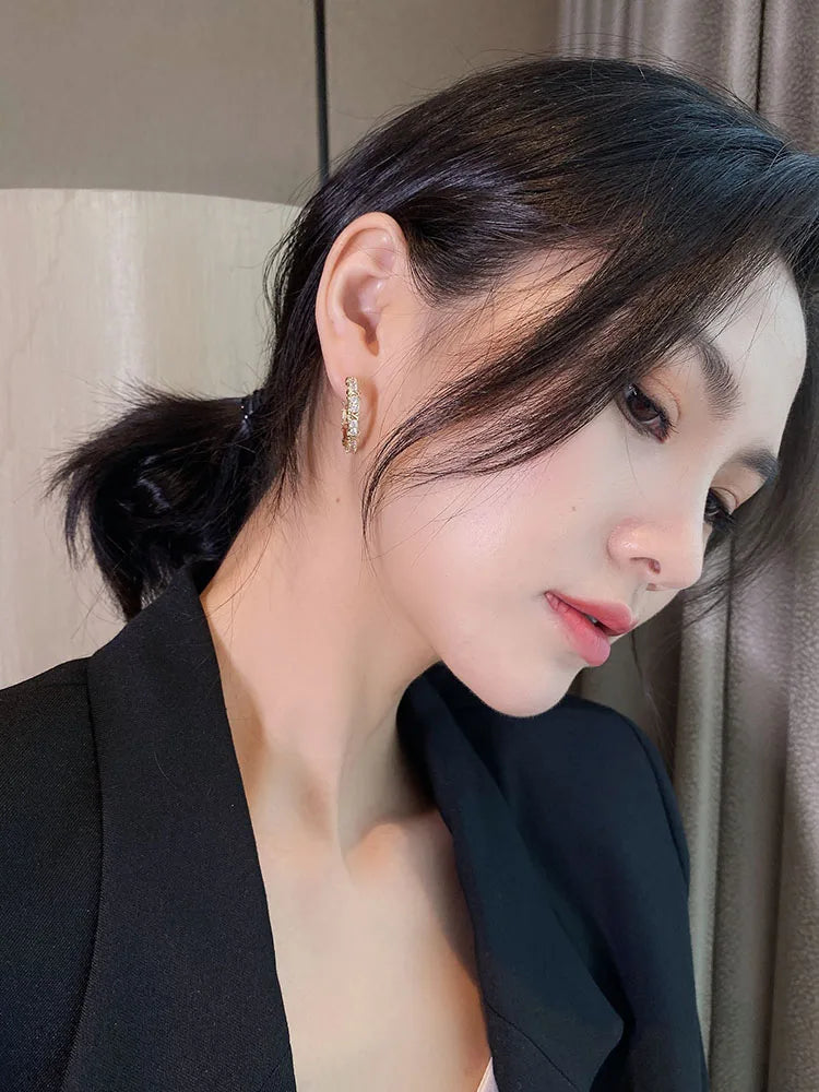 "2025 Korean Fashion Simple Zircon Metal Hoop Earrings"