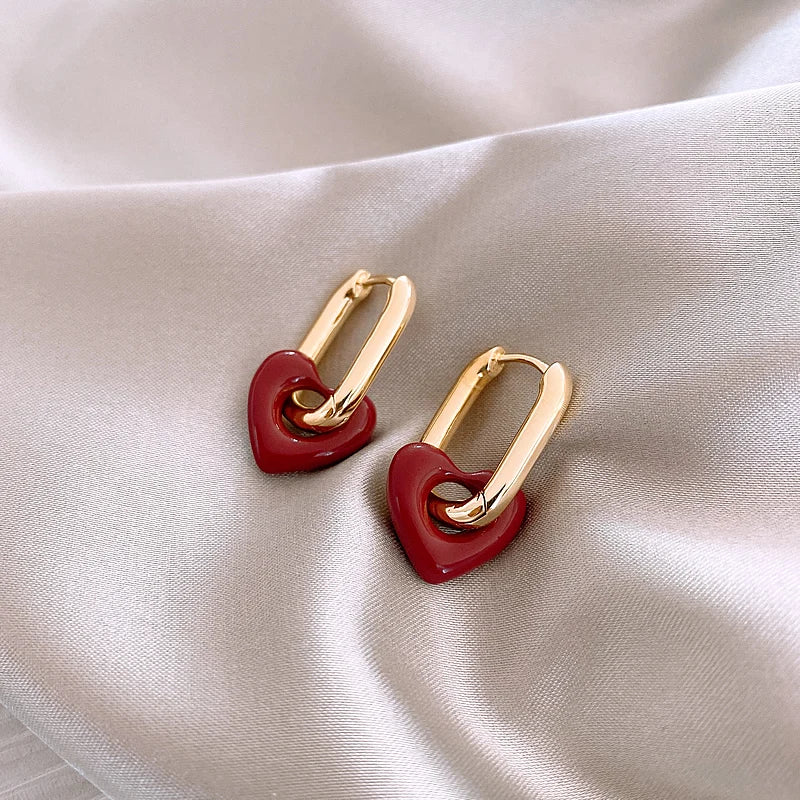 "French Retro Romantic Wine Red Heart Pendant Earrings"