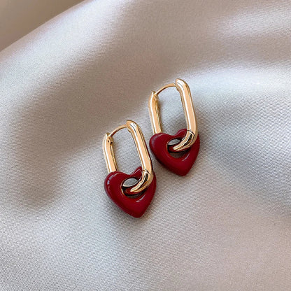 "French Retro Romantic Wine Red Heart Pendant Earrings"