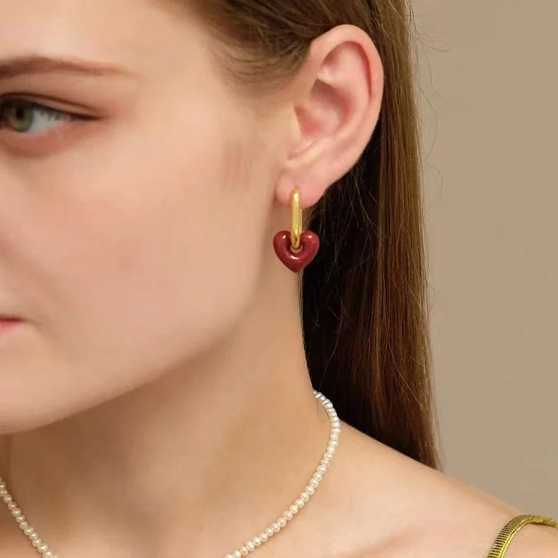 "French Retro Romantic Wine Red Heart Pendant Earrings"