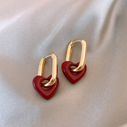"French Retro Romantic Wine Red Heart Pendant Earrings"