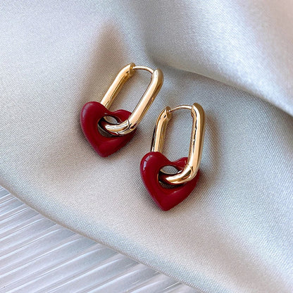 "French Retro Romantic Wine Red Heart Pendant Earrings"