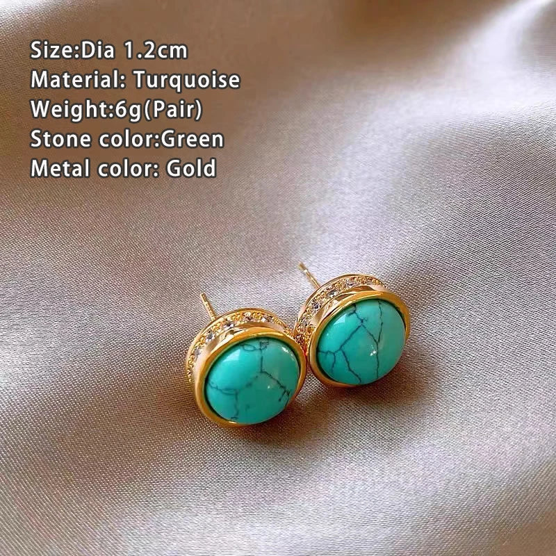 "2025 New Chinese Style Retro Turquoise Natural Stone Zircon Earrings"