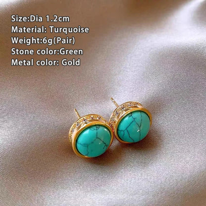 "2025 New Chinese Style Retro Turquoise Natural Stone Zircon Earrings"