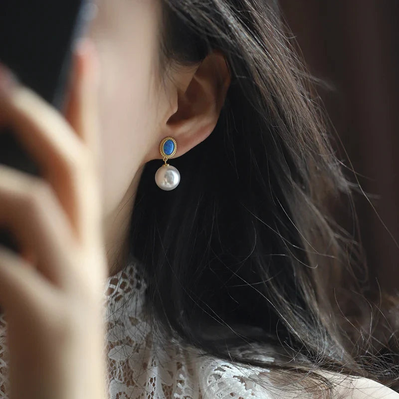 "2024 French Elegant Blue Enamel Pearl Pendant Earrings"
