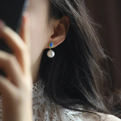 "2024 French Elegant Blue Enamel Pearl Pendant Earrings"