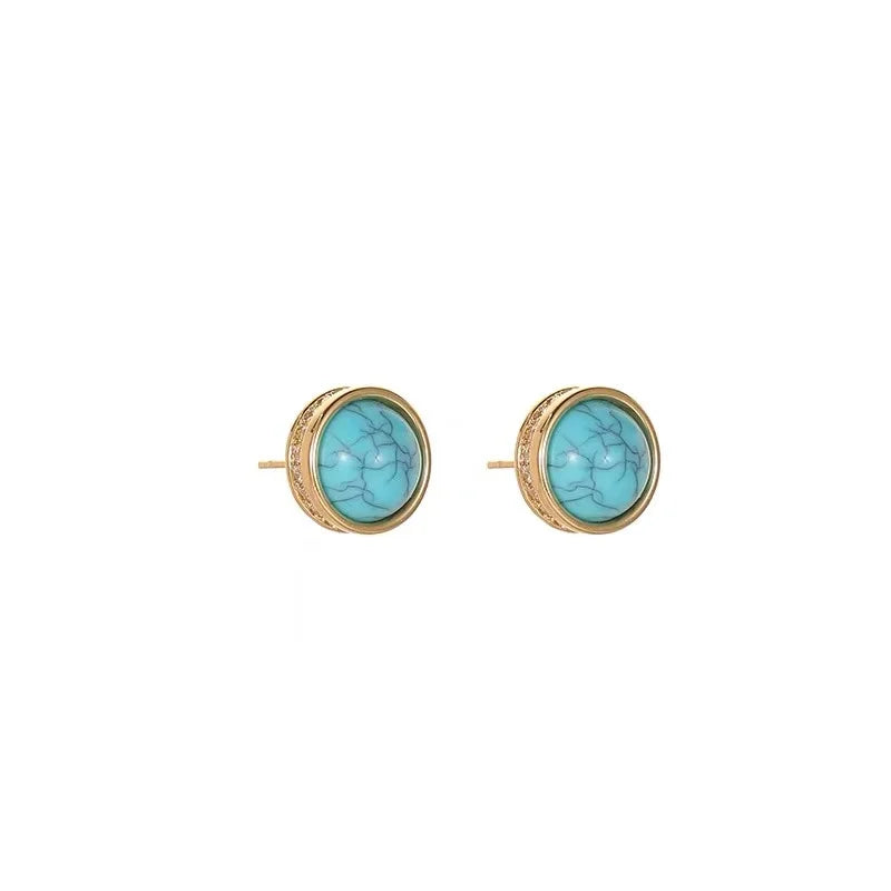 "2025 New Chinese Style Retro Turquoise Natural Stone Zircon Earrings"