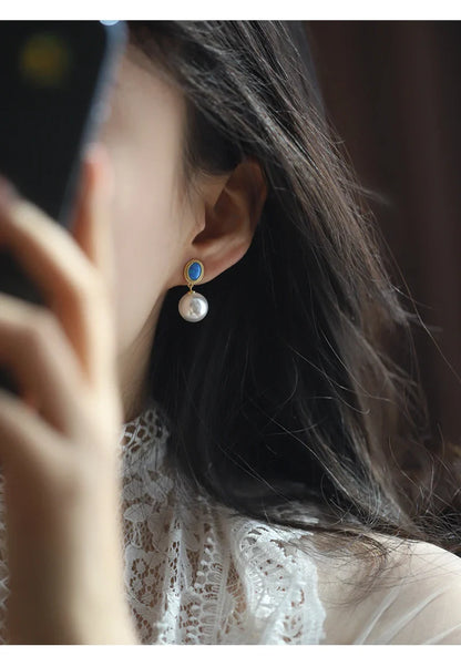 "2024 French Elegant Blue Enamel Pearl Pendant Earrings"