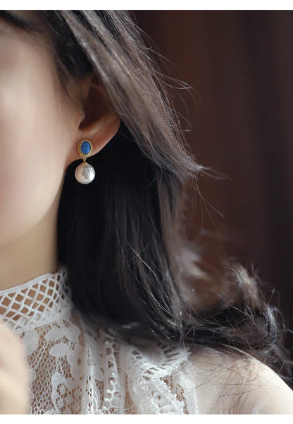"2024 French Elegant Blue Enamel Pearl Pendant Earrings"