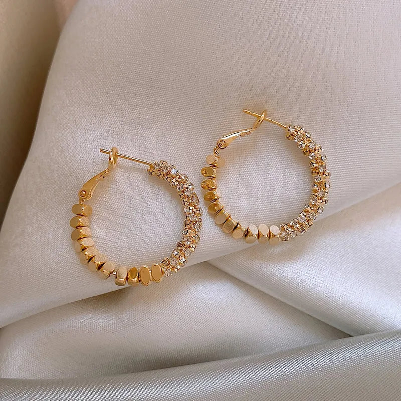 "2025 Light Luxury Metal Bean Splice Zircon Inlaid Hoop Earrings"