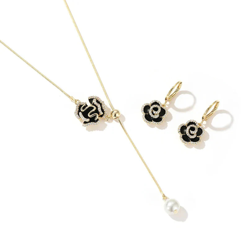"Design Sense Black Camellia Pendant Flower Earrings 2025"