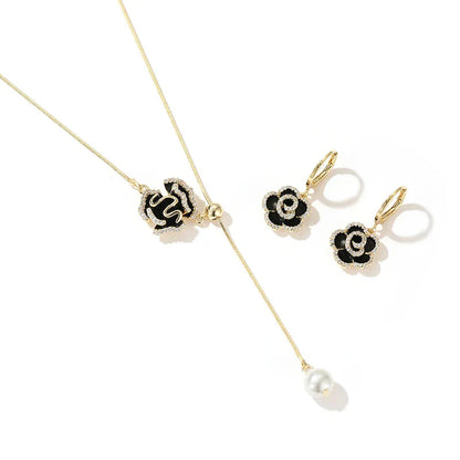 "Design Sense Black Camellia Pendant Flower Earrings 2025"