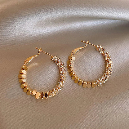 "2025 Light Luxury Metal Bean Splice Zircon Inlaid Hoop Earrings"