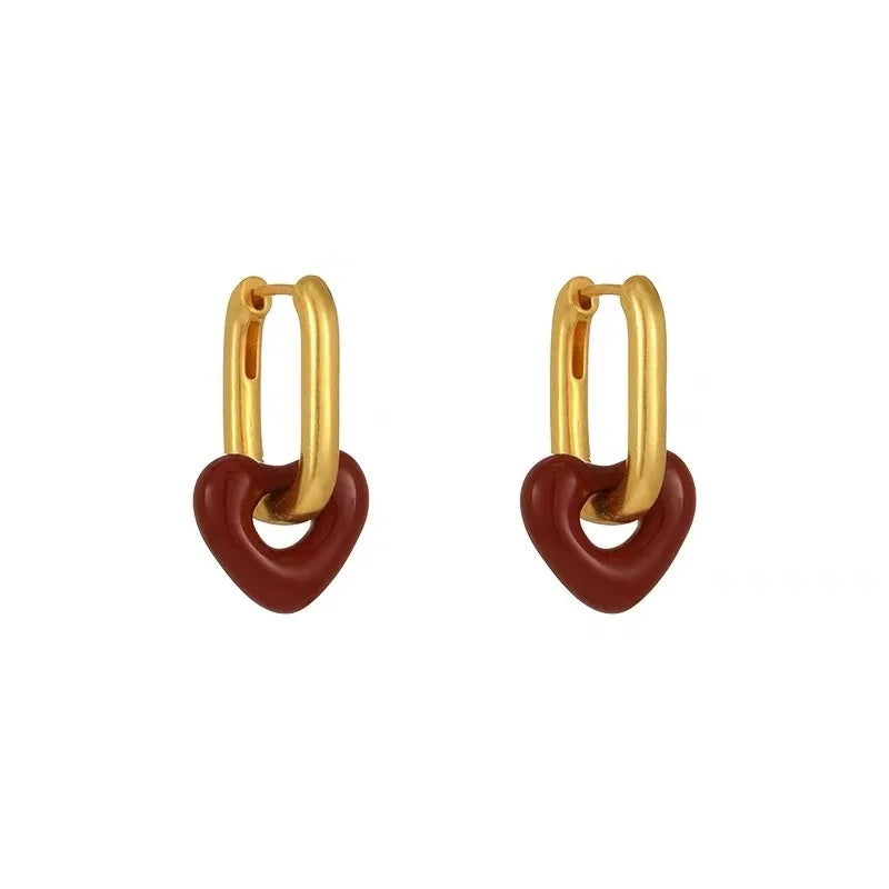 "French Retro Romantic Wine Red Heart Pendant Earrings"