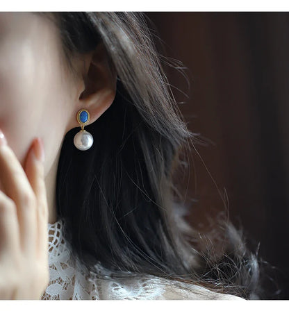 "2024 French Elegant Blue Enamel Pearl Pendant Earrings"