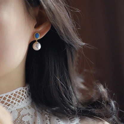 "2024 French Elegant Blue Enamel Pearl Pendant Earrings"