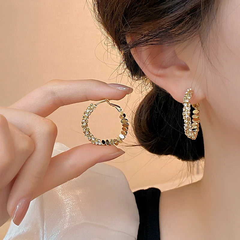 "2025 Light Luxury Metal Bean Splice Zircon Inlaid Hoop Earrings"