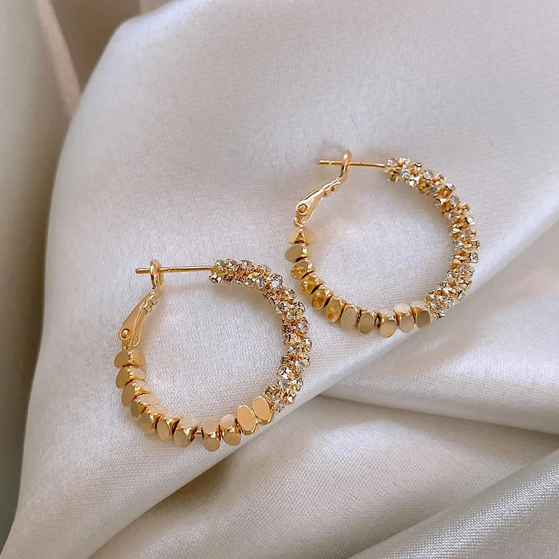"2025 Light Luxury Metal Bean Splice Zircon Inlaid Hoop Earrings"