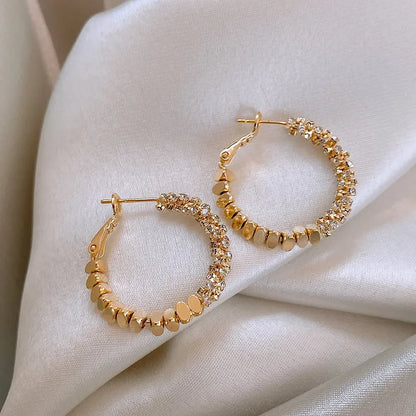"2025 Light Luxury Metal Bean Splice Zircon Inlaid Hoop Earrings"