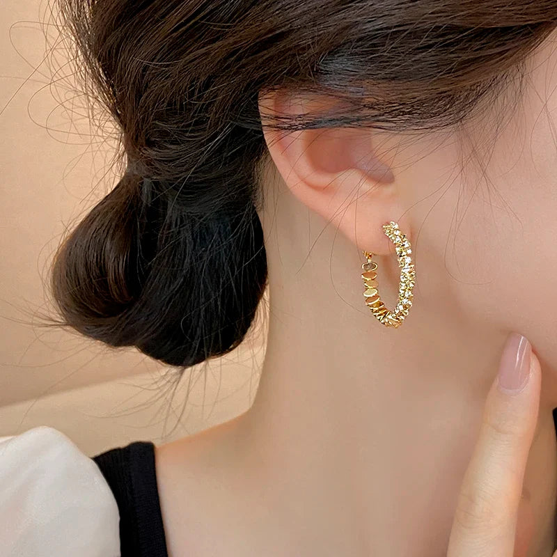 "2025 Light Luxury Metal Bean Splice Zircon Inlaid Hoop Earrings"