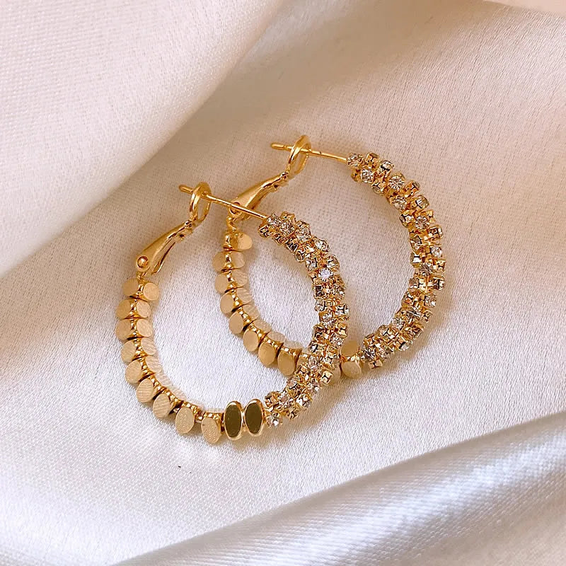 "2025 Light Luxury Metal Bean Splice Zircon Inlaid Hoop Earrings"