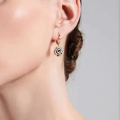 "Design Sense Black Camellia Pendant Flower Earrings 2025"