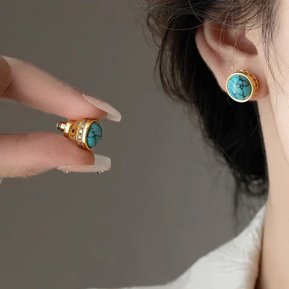 "2025 New Chinese Style Retro Turquoise Natural Stone Zircon Earrings"