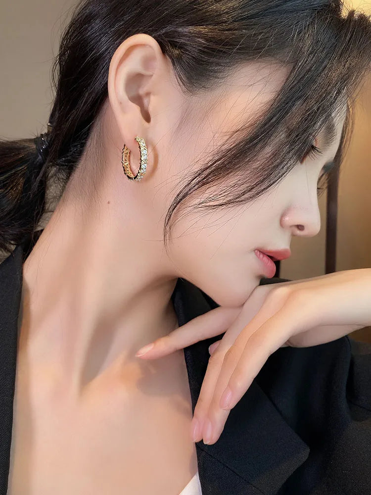 "2025 Korean Fashion Simple Zircon Metal Hoop Earrings"