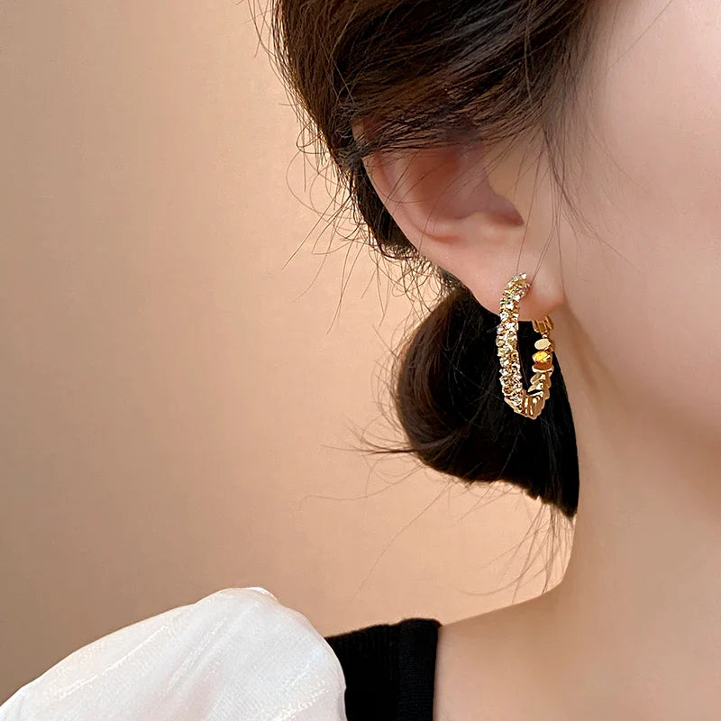 "2025 Light Luxury Metal Bean Splice Zircon Inlaid Hoop Earrings"