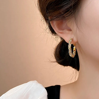"2025 Light Luxury Metal Bean Splice Zircon Inlaid Hoop Earrings"