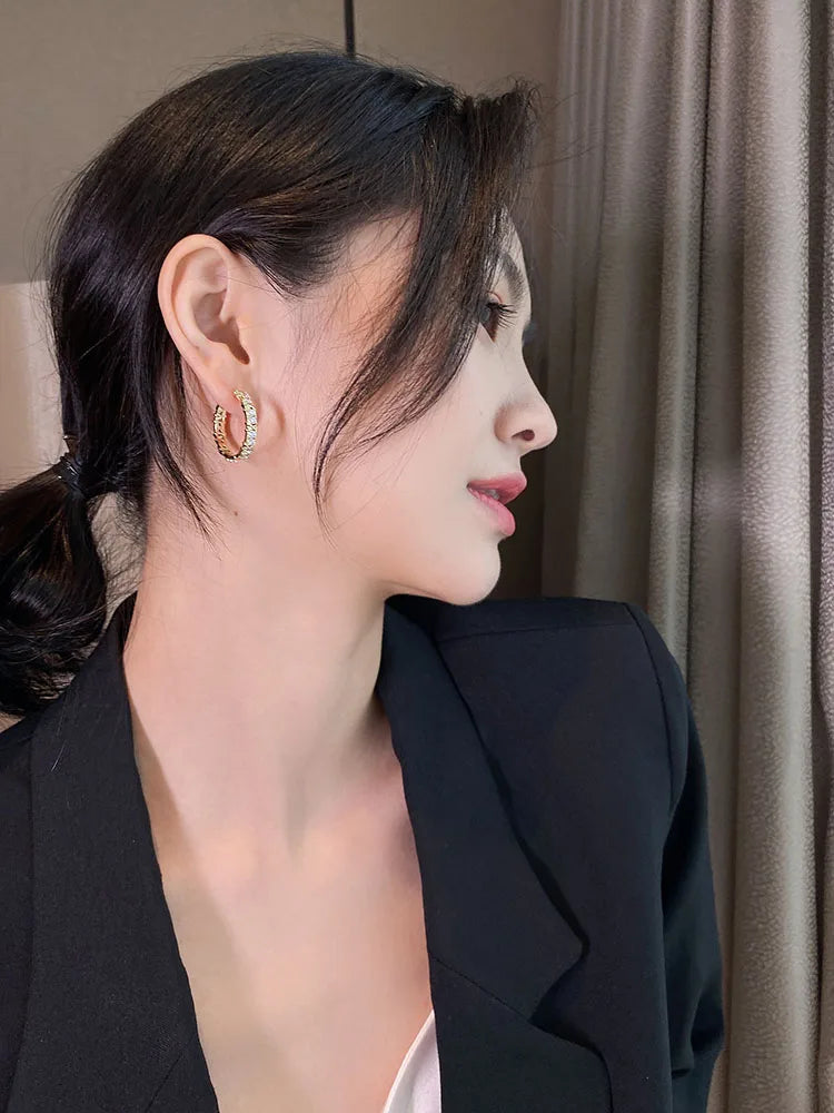 "2025 Korean Fashion Simple Zircon Metal Hoop Earrings"