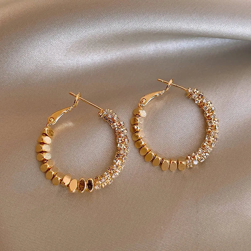 "2025 Light Luxury Metal Bean Splice Zircon Inlaid Hoop Earrings"