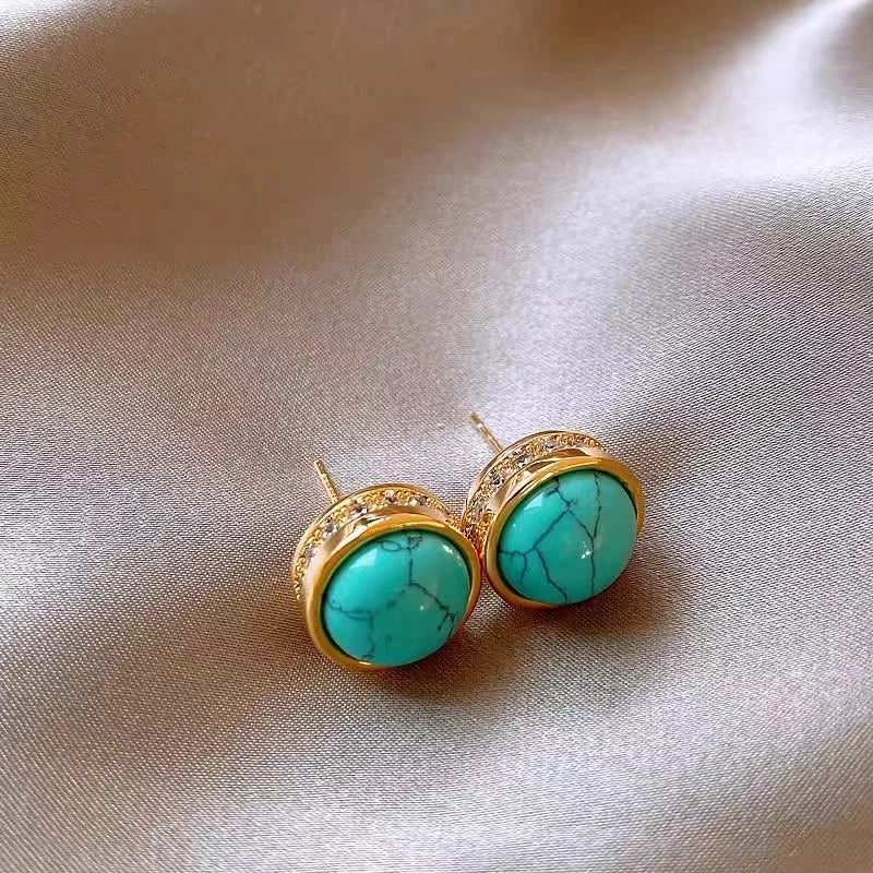 "2025 New Chinese Style Retro Turquoise Natural Stone Zircon Earrings"