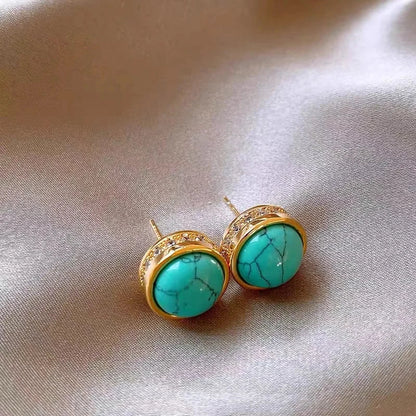 "2025 New Chinese Style Retro Turquoise Natural Stone Zircon Earrings"