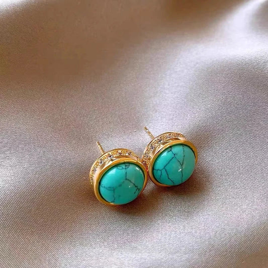 "2025 New Chinese Style Retro Turquoise Natural Stone Zircon Earrings"