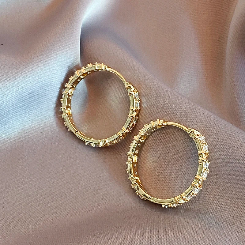 "2025 Korean Fashion Simple Zircon Metal Hoop Earrings"