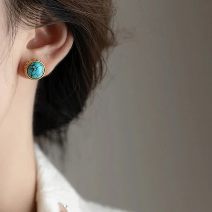 "2025 New Chinese Style Retro Turquoise Natural Stone Zircon Earrings"